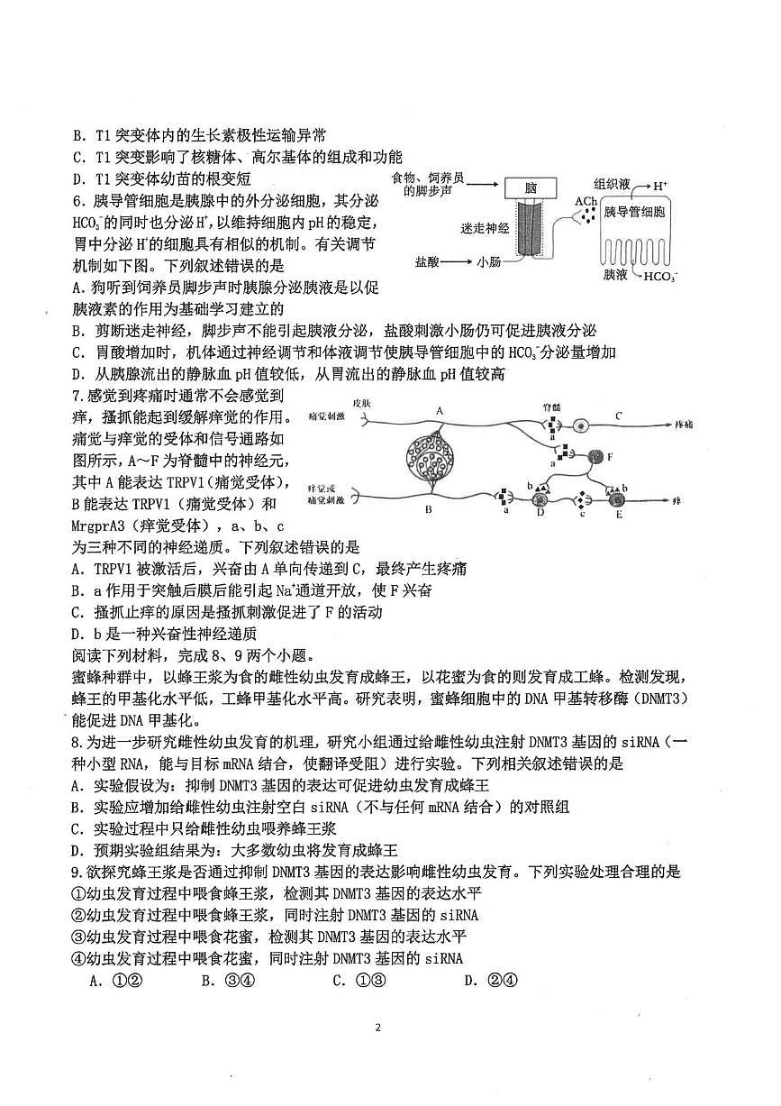 福建福州一中2025-2026学年第一学期第二学段期末考试高三生物学科试卷第2页