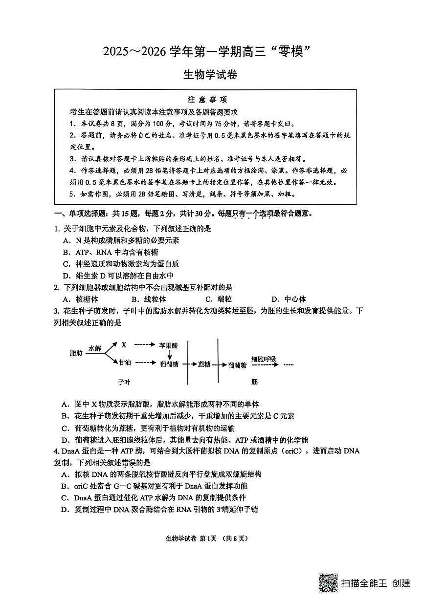 2026届江苏省镇江市高三模拟生物试题（高考模拟）第1页