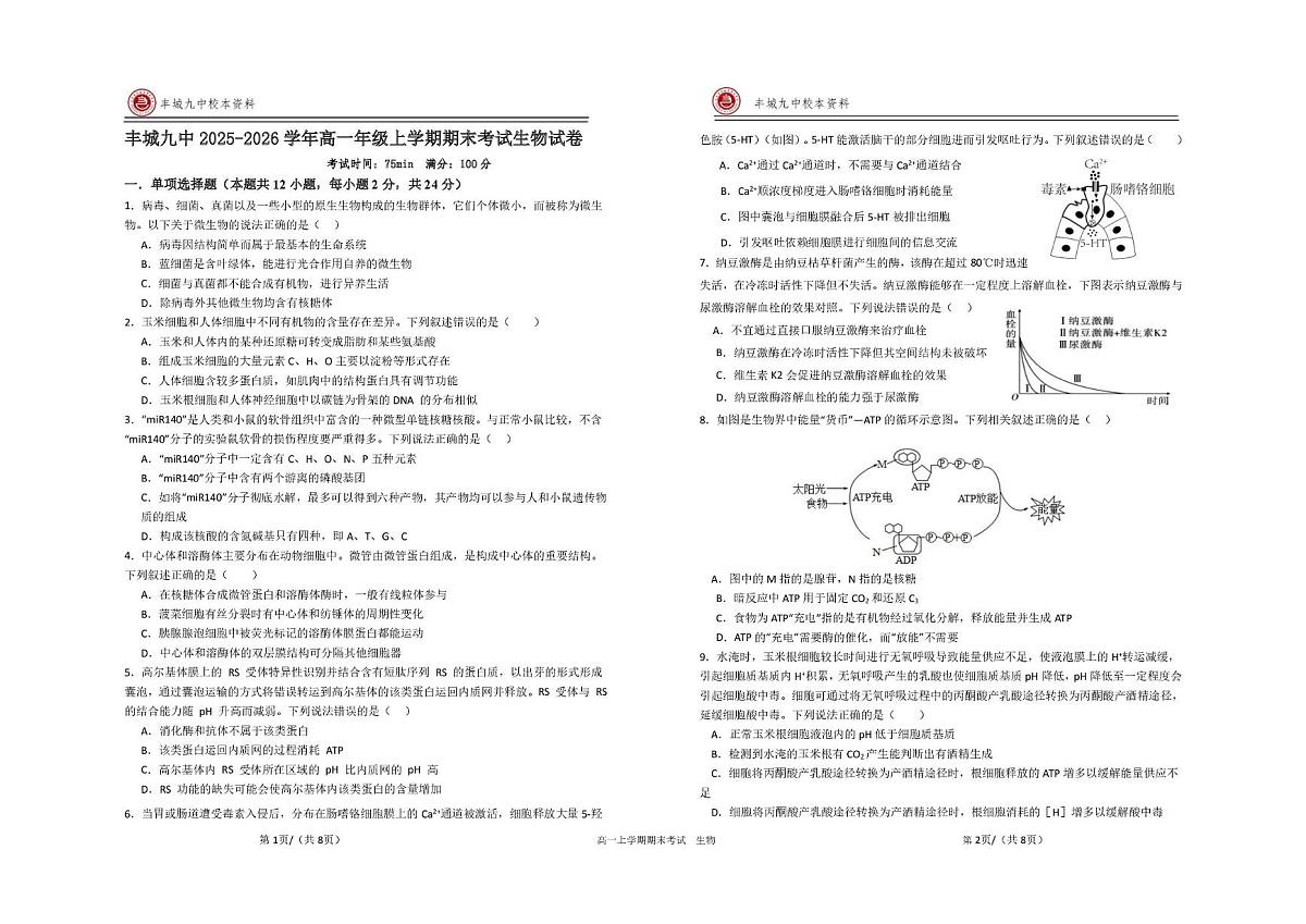 江西宜春市丰城市第九中学2025-2026学年高一上学期期末考试生物试卷第1页