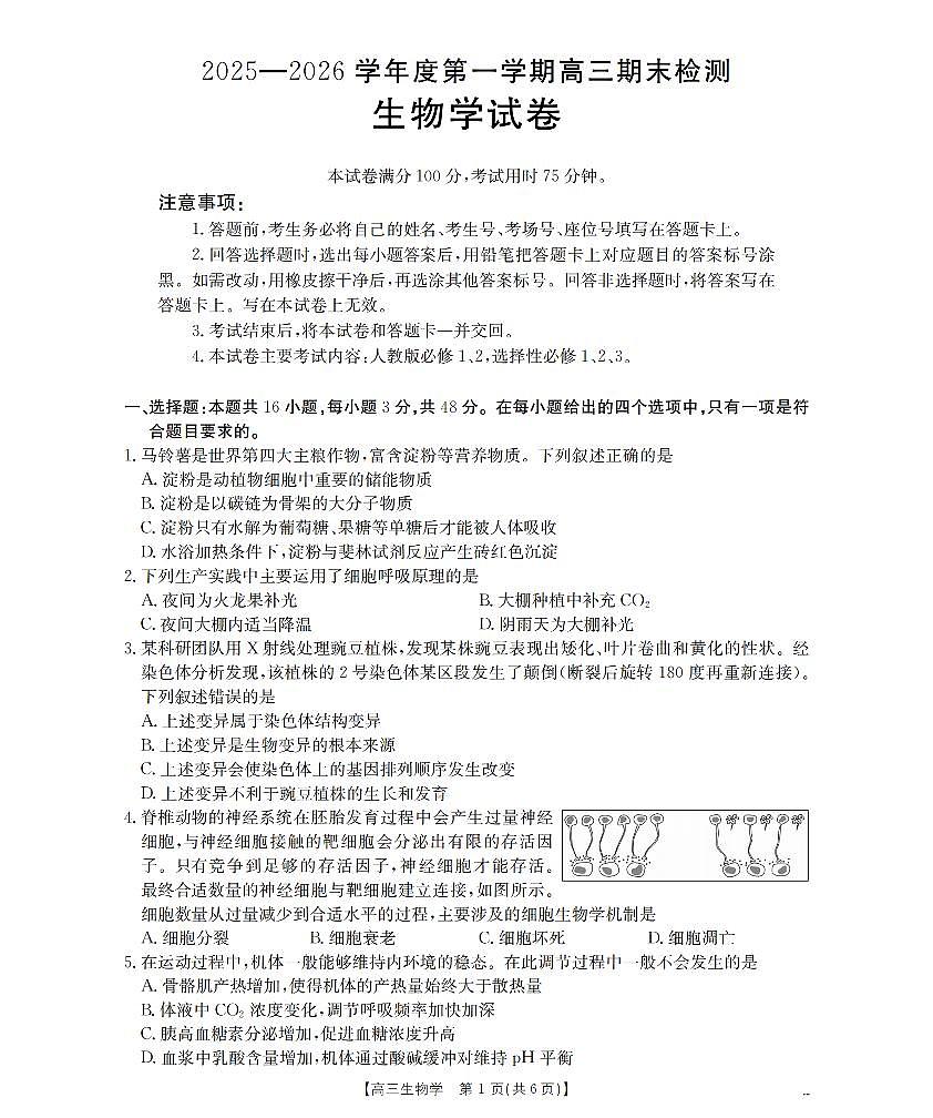 2025-2026学年度第一学期高三期末检测（26-238C）生物第1页