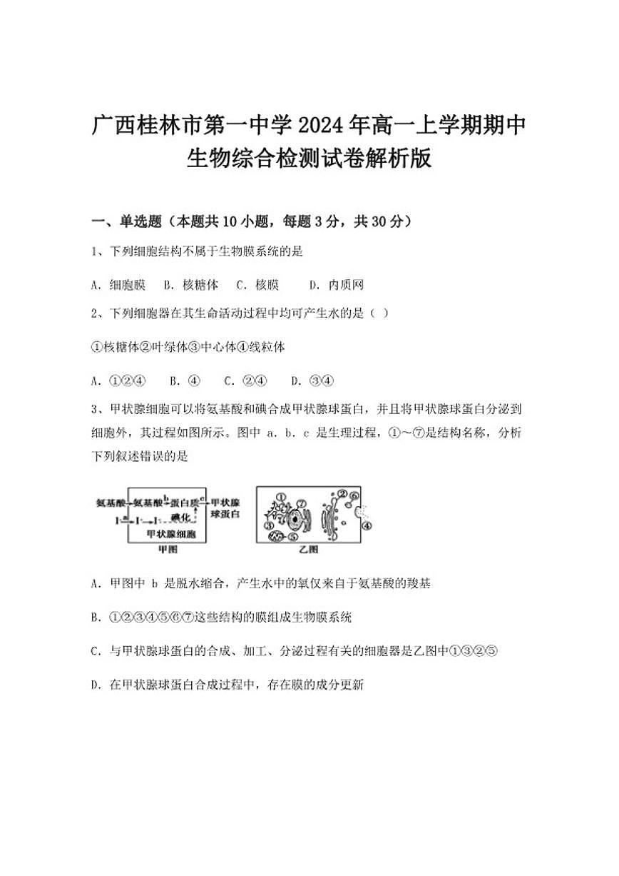 2024-2025学年广西桂林市第一中学高一上学期期中生物综合检测试卷（含答案）第1页