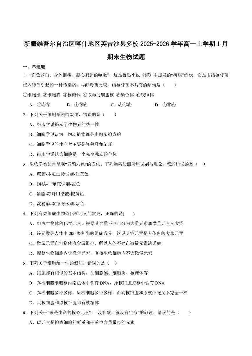 2025-2026学年新疆维吾尔自治区喀什地区英吉沙县高一上学期期末质量监测生物试卷（含答案）第1页