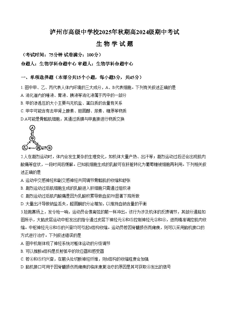四川省泸州市高级中学校2025_2026学年高二上学期期中考试生物学试题（文字版，含答案）第1页
