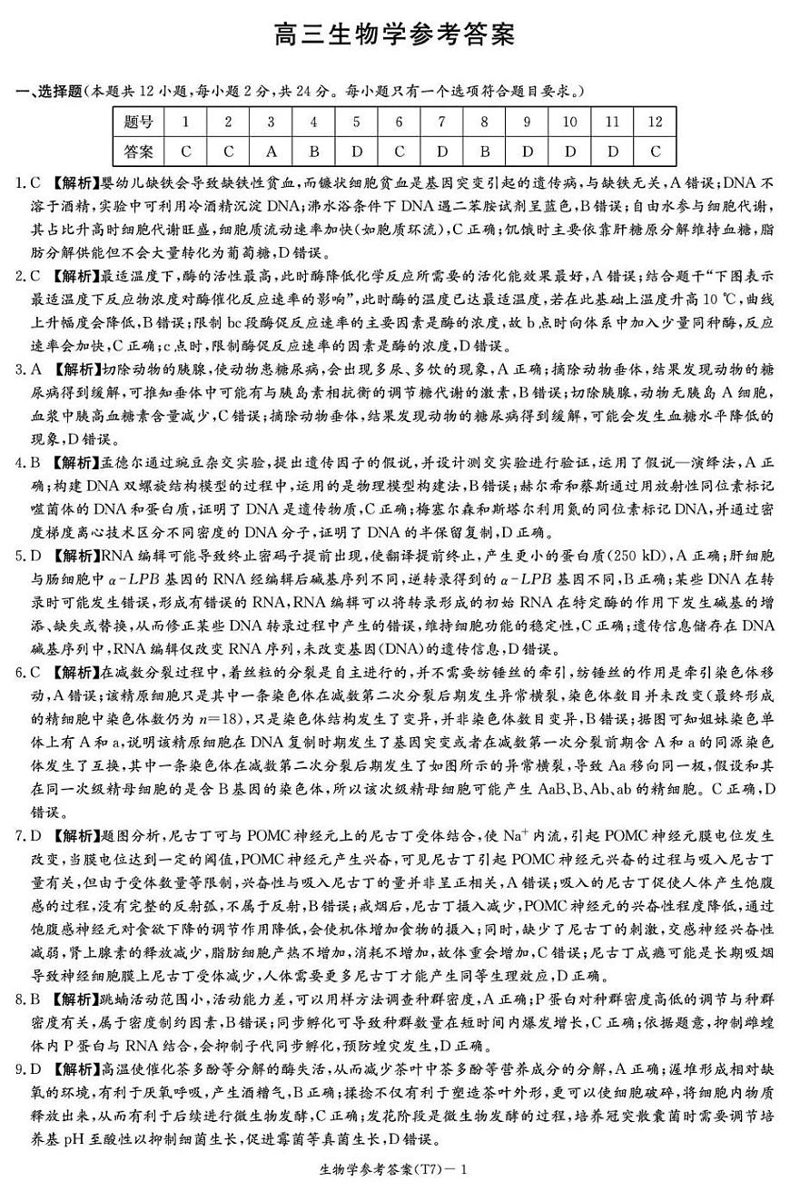 湖南师大附中2026届高三月考试卷（七）生物答案第1页