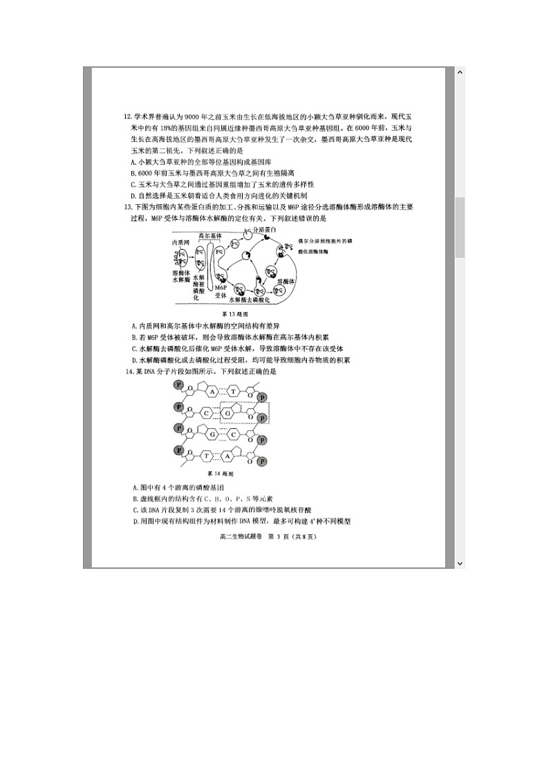 浙江省杭州市2024-2025学年高二上学期1月期末考试 生物 含答案第3页