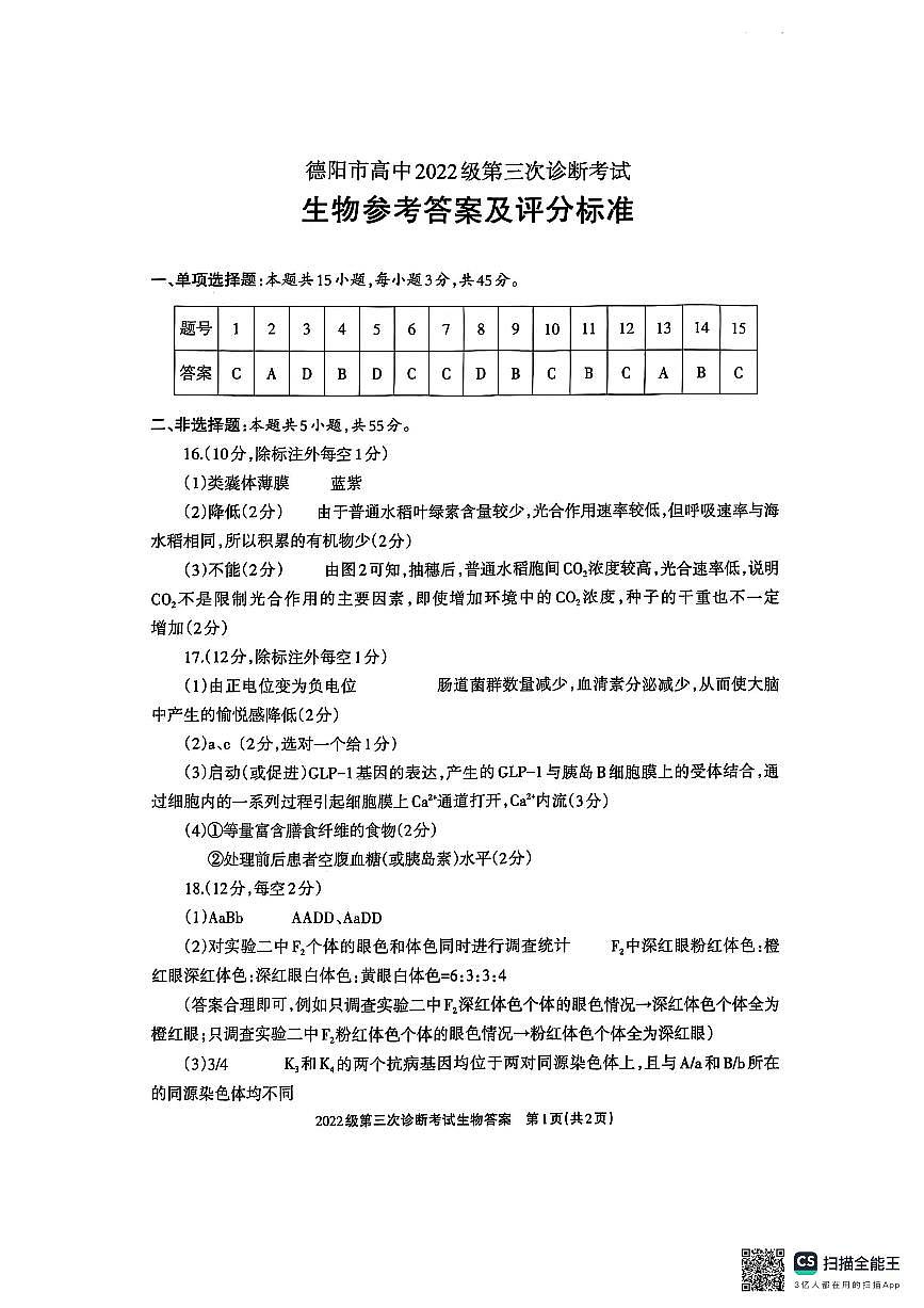 四川省德阳市高中2022级第三次诊断考试生物答案第1页