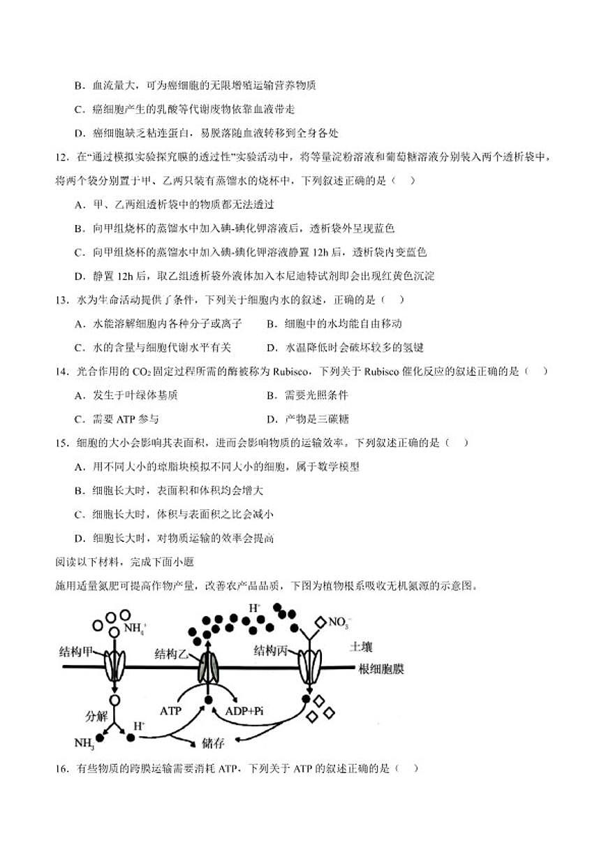 2025-2026学年浙江省绍兴市高一上学期期末调测生物（含答案）试卷第3页
