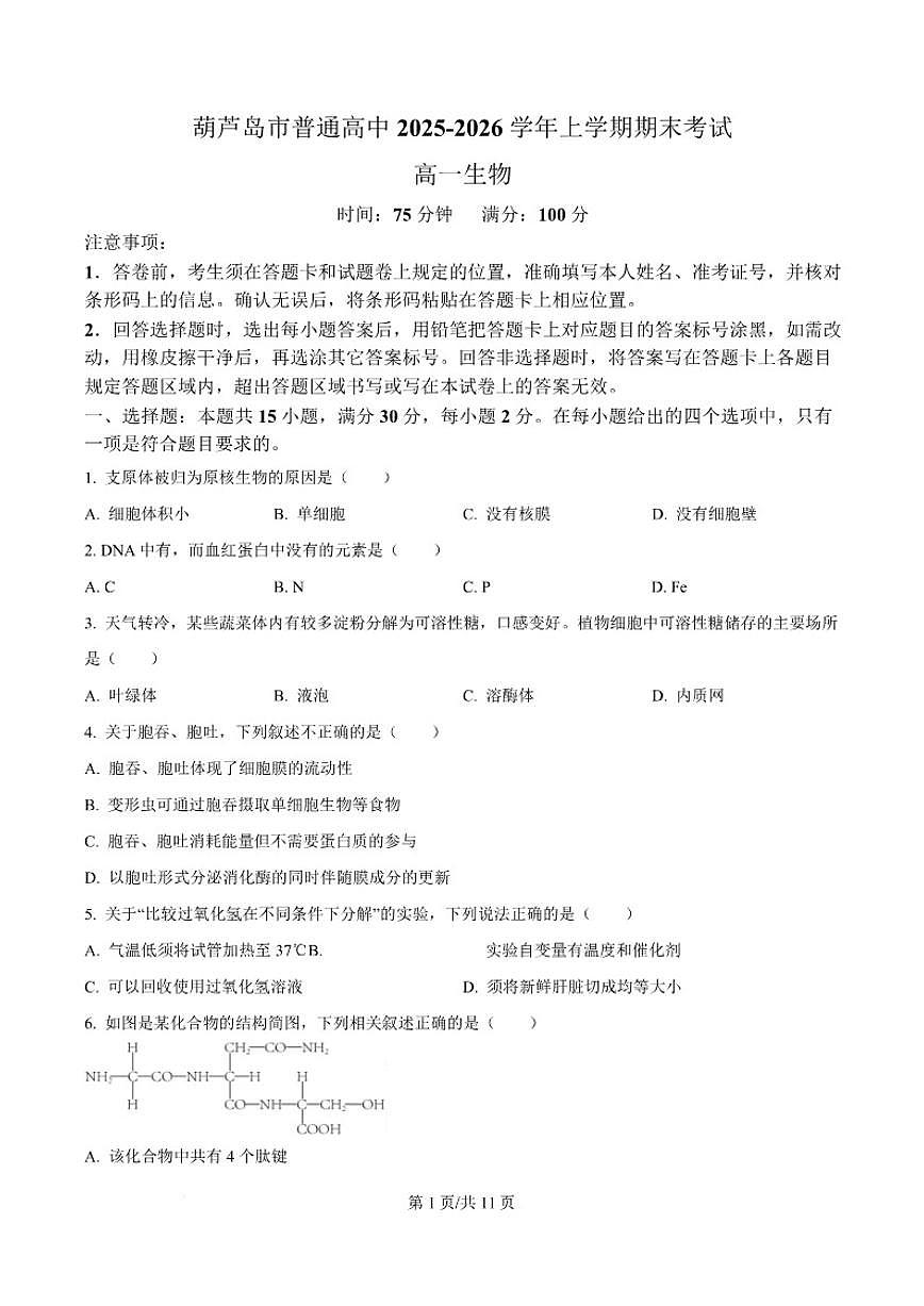 2025-2026学年辽宁省葫芦岛市高一上学期1月期末考试生物试卷（含答案）第1页