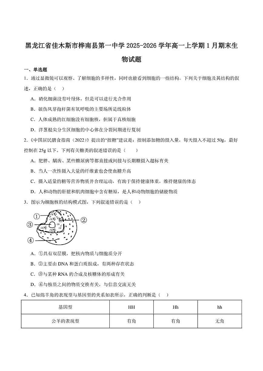 2025-2026学年黑龙江省佳木斯市桦南县第一中学高一上学期期末考试生物试卷（含答案）第1页