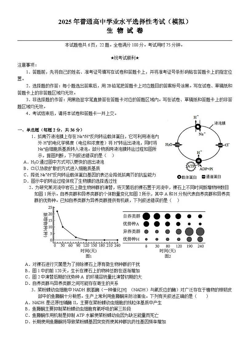 2025年普通高中学业水平选择性考试（模拟）生物第1页