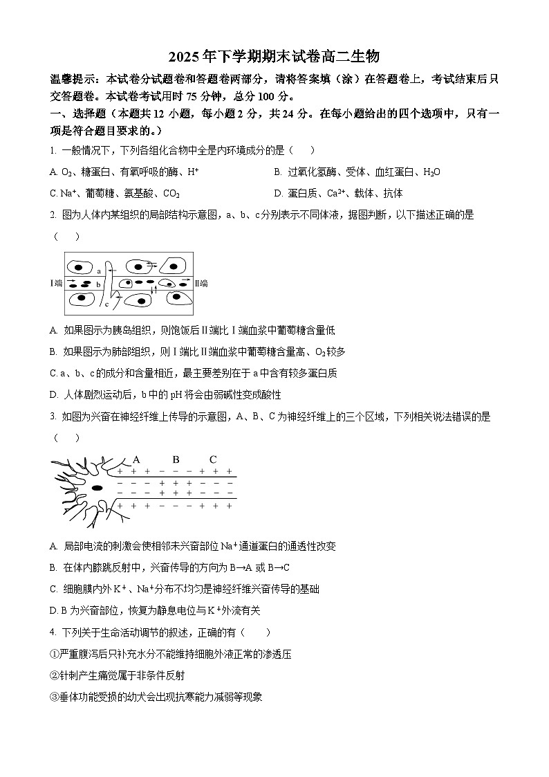 湖南岳阳市岳阳楼区2025-2026学年上学期期末试卷高二生物 Word版无答案第1页