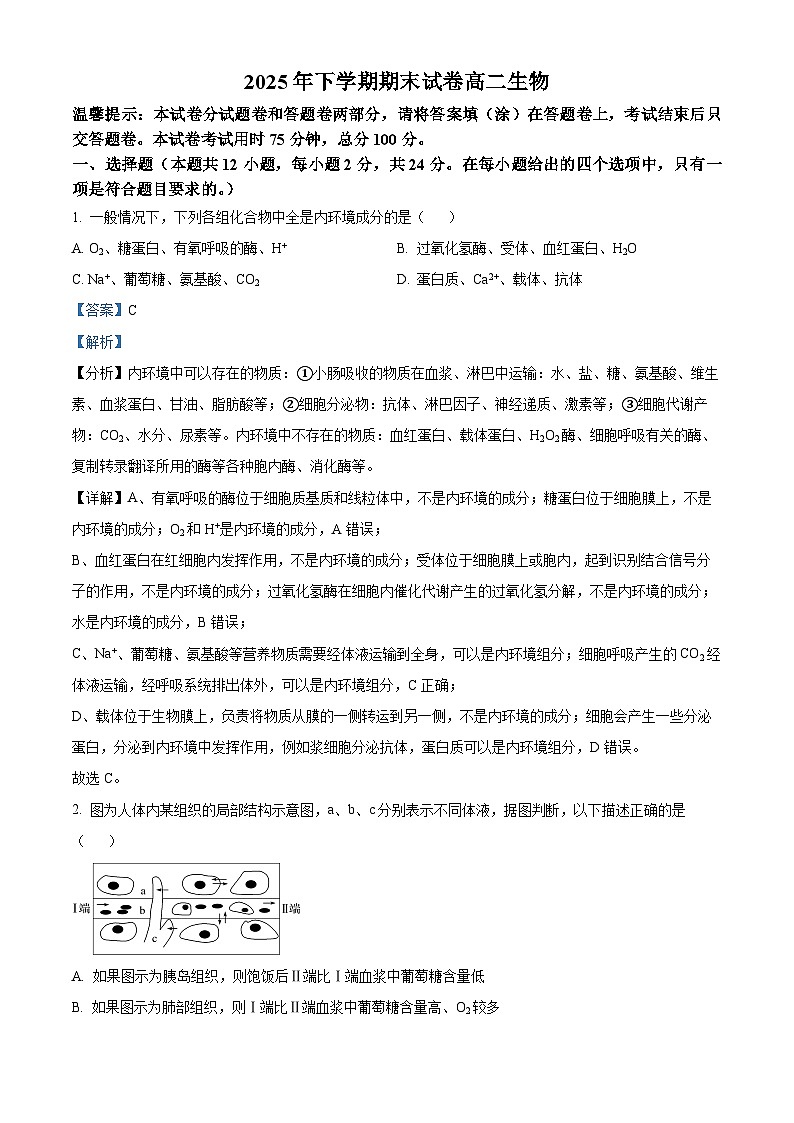 湖南岳阳市岳阳楼区2025-2026学年上学期期末试卷高二生物 Word版含解析第1页