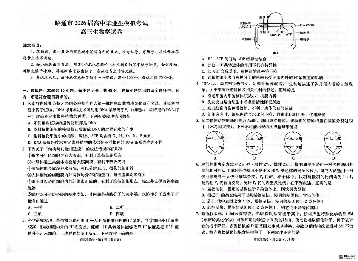 云南昭通市2026届高中毕业生上学期模拟考试高三生物学试卷（高考模拟）第1页