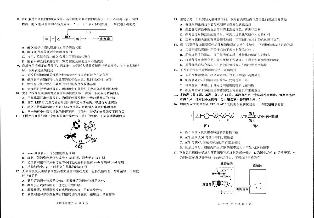 江苏宿迁市2025-2026学年高一年级上学期质量监测生物试卷（期末）第2页