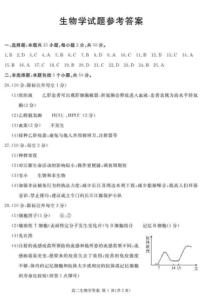 (地区)高二上期末生物答案(简答)第1页