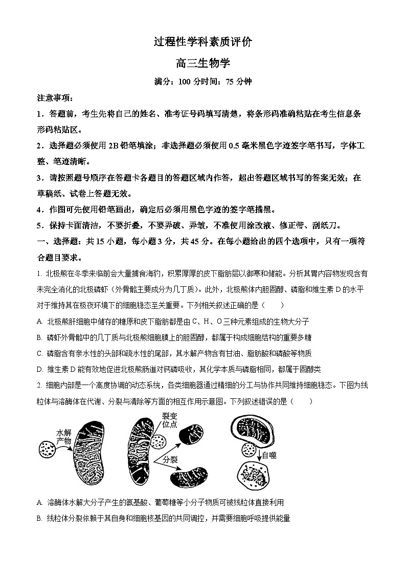 安徽铜陵市鼎尖名校2025-2026学年高三上学期期末联考生物试题（试卷+解析）第1页
