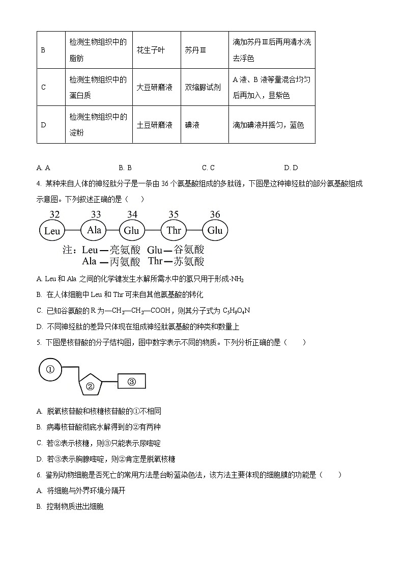 云南普洱市2025-2026学年高一年级上学期期末教学质量监测生物学试卷（试卷+解析）第2页