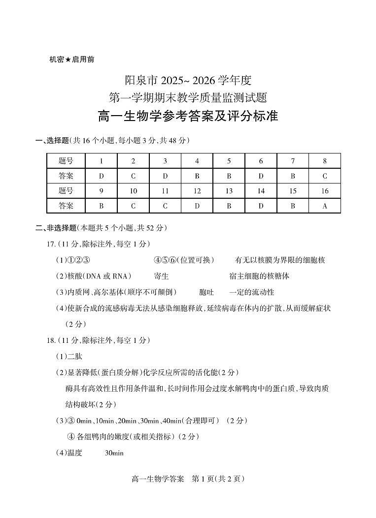 山西省阳泉市2025-2026学年度第一学期期末教学质量监测试题高一生物试卷答案第1页