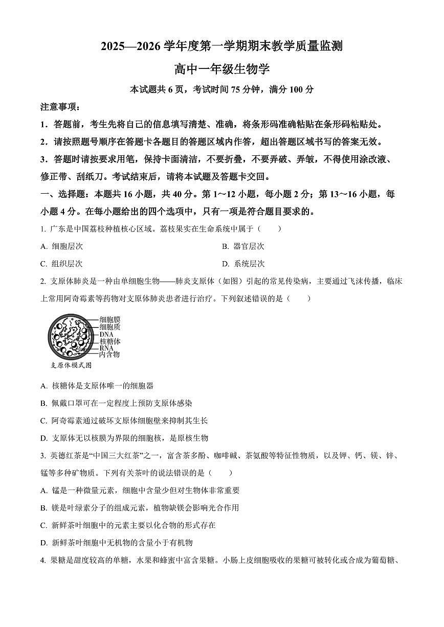 广东省汕尾市2025-2026学年度第一学期期末教学质量监测高一生物试卷（试卷+解析）第1页