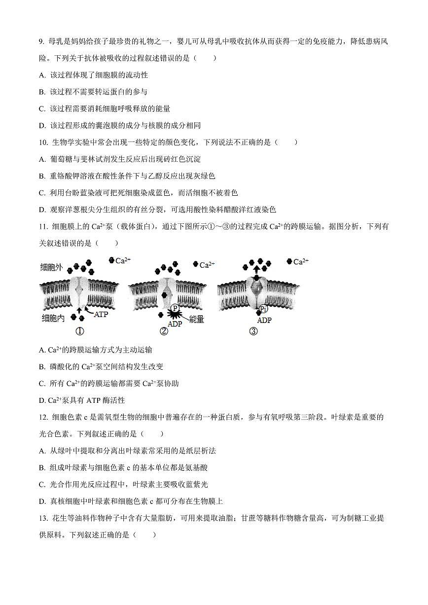 广东省汕尾市2025-2026学年度第一学期期末教学质量监测高一生物试卷（试卷+解析）第3页