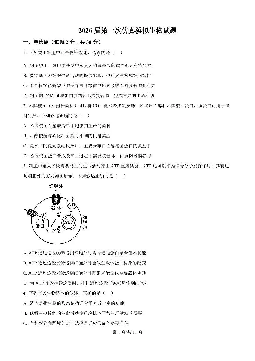 生物-江苏南京市名校联盟2026届高三下学期一模试卷及答案第1页