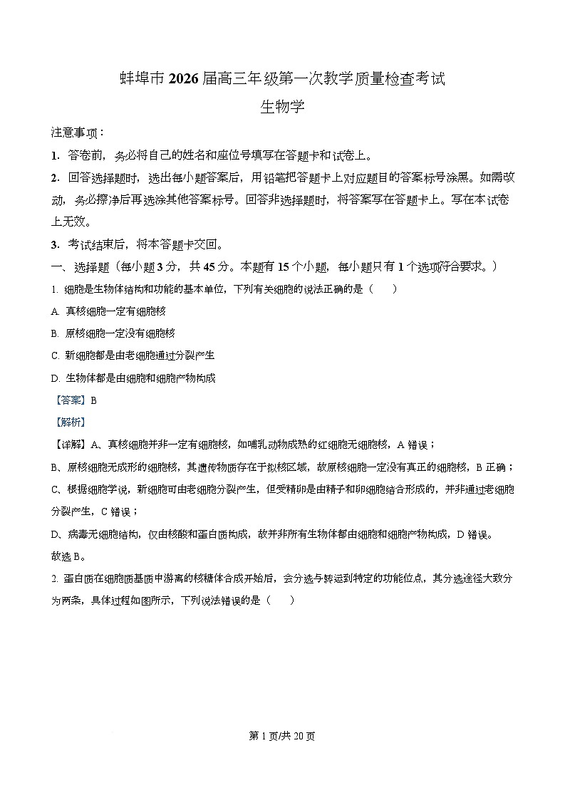 安徽蚌埠市2026届高三年级第第一次教学质量检查考试生物试题  Word版含解析第1页