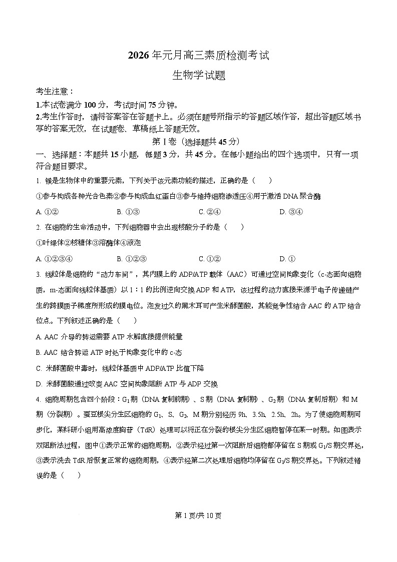 安徽省六校联考2025-2026学年高三上学期1月月考生物试题  Word版无答案第1页