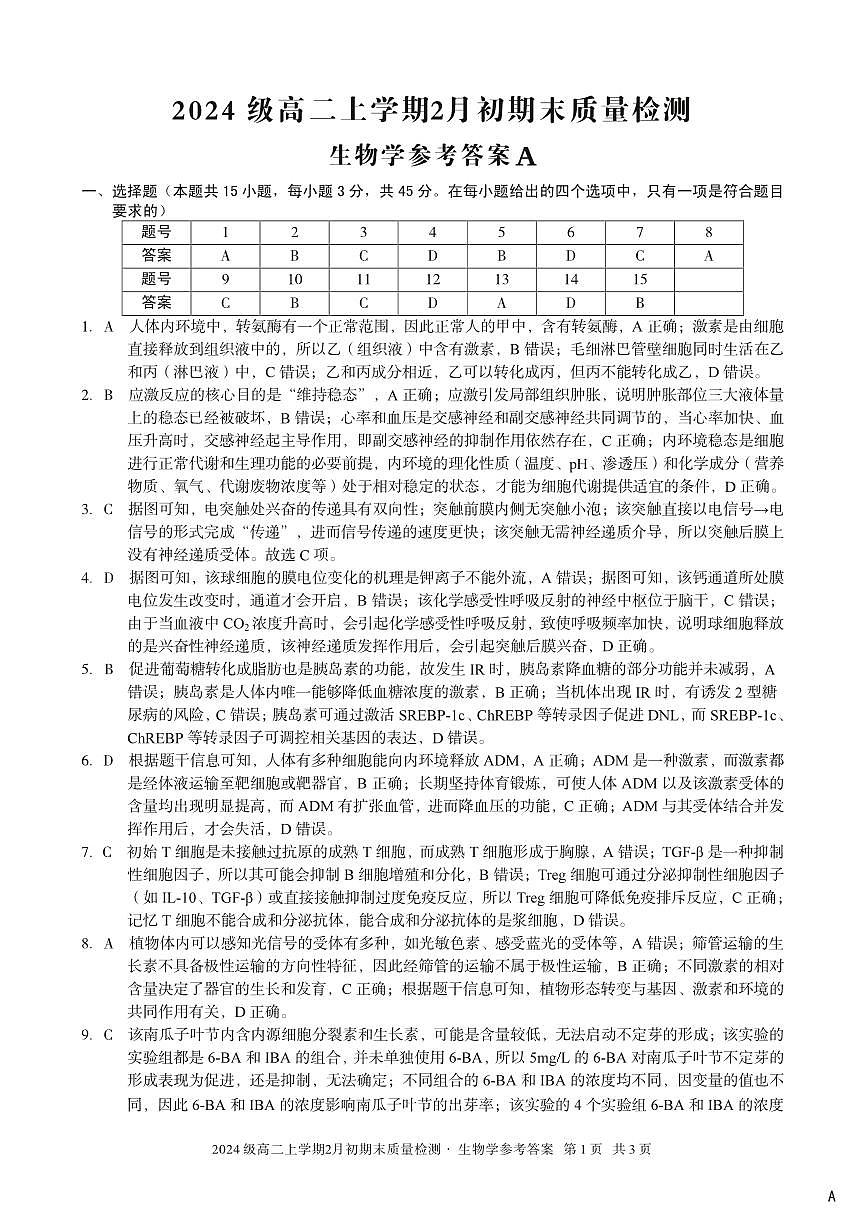 2024级高二上学期2月初期末质量检测 生物A答案第1页