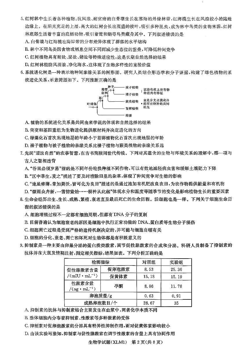 湖南省新高考教学教研联盟（长郡二十校联盟）2026届高三年级下学期3月联考生物学试卷第2页