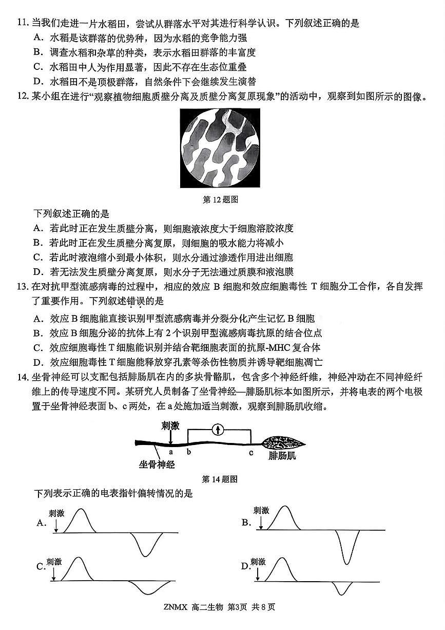 浙江浙南名校联盟2025-2026学年高二下学期学情自测生物试题（开学考）第3页