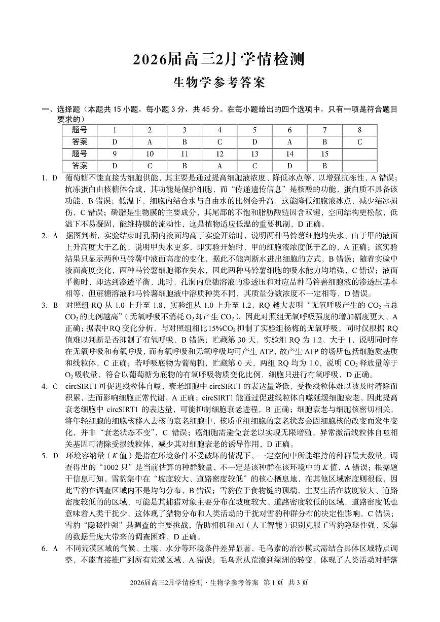 安徽省·A10联盟2026届高三下学期2月学情检测 生物学答案第1页