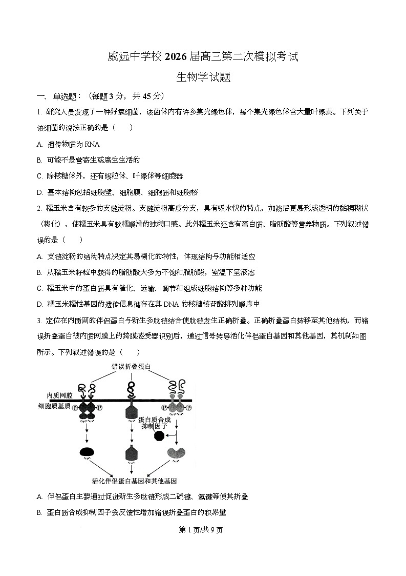 四川省内江市威远中学2026届高三第二次模拟考试生物试题（原卷版）第1页