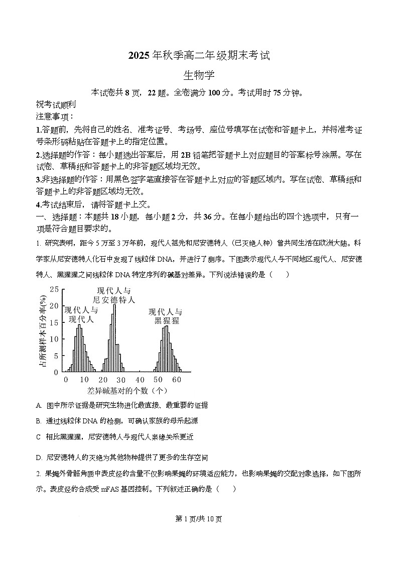 湖北黄冈市2025年秋季高二年级上学期期末考试 生物学试题  Word版无答案第1页
