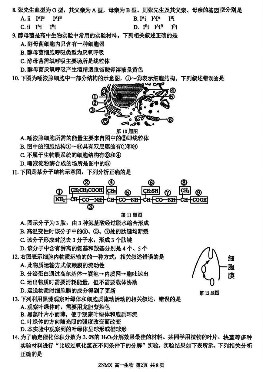 2025-2026学年浙江浙南名校联盟高一下学期开学生物试题（含答案）第2页