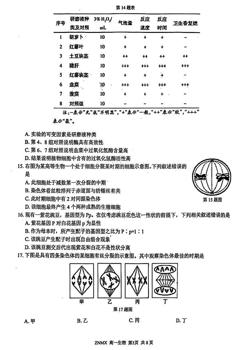 2025-2026学年浙江浙南名校联盟高一下学期开学生物试题（含答案）第3页