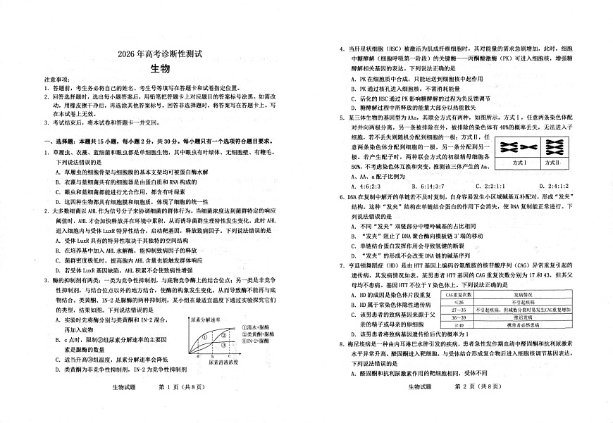 2026届山东烟台市高三下学期高考一模生物试卷第1页