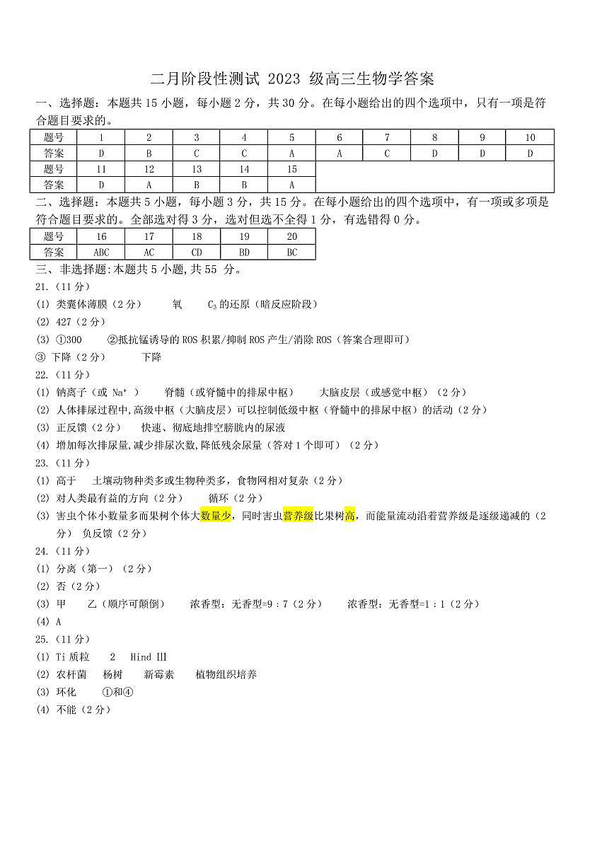 哈尔滨市第一中学、第六中学2026年2月高三零模模拟考试 生物答案第1页