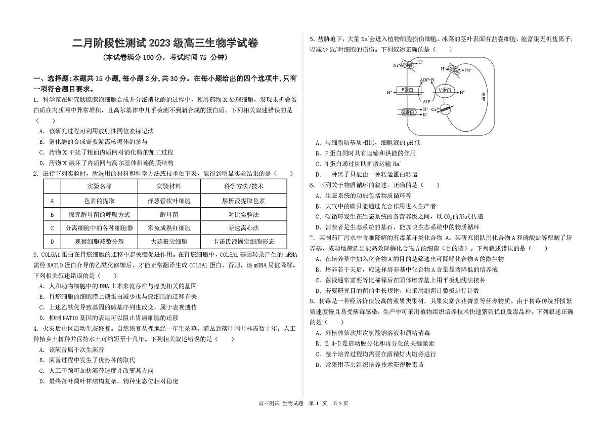 哈尔滨市第一中学、第六中学2026年2月高三零模模拟考试 生物第1页