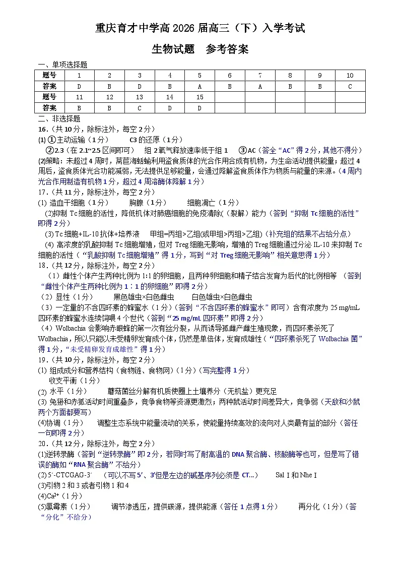 重庆育才中学高2026届高三（下）入学考试 生物答案第1页