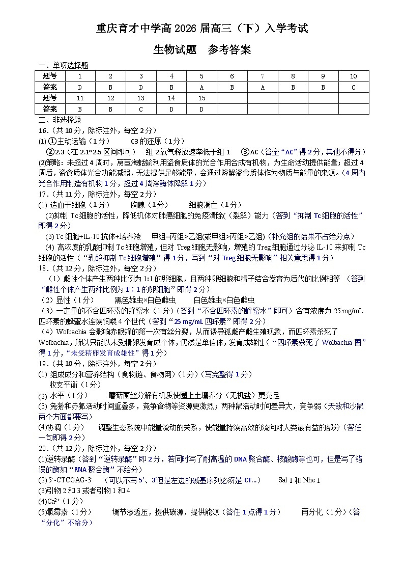 重庆育才中学高2026届高三（下）入学考试 生物答案第1页