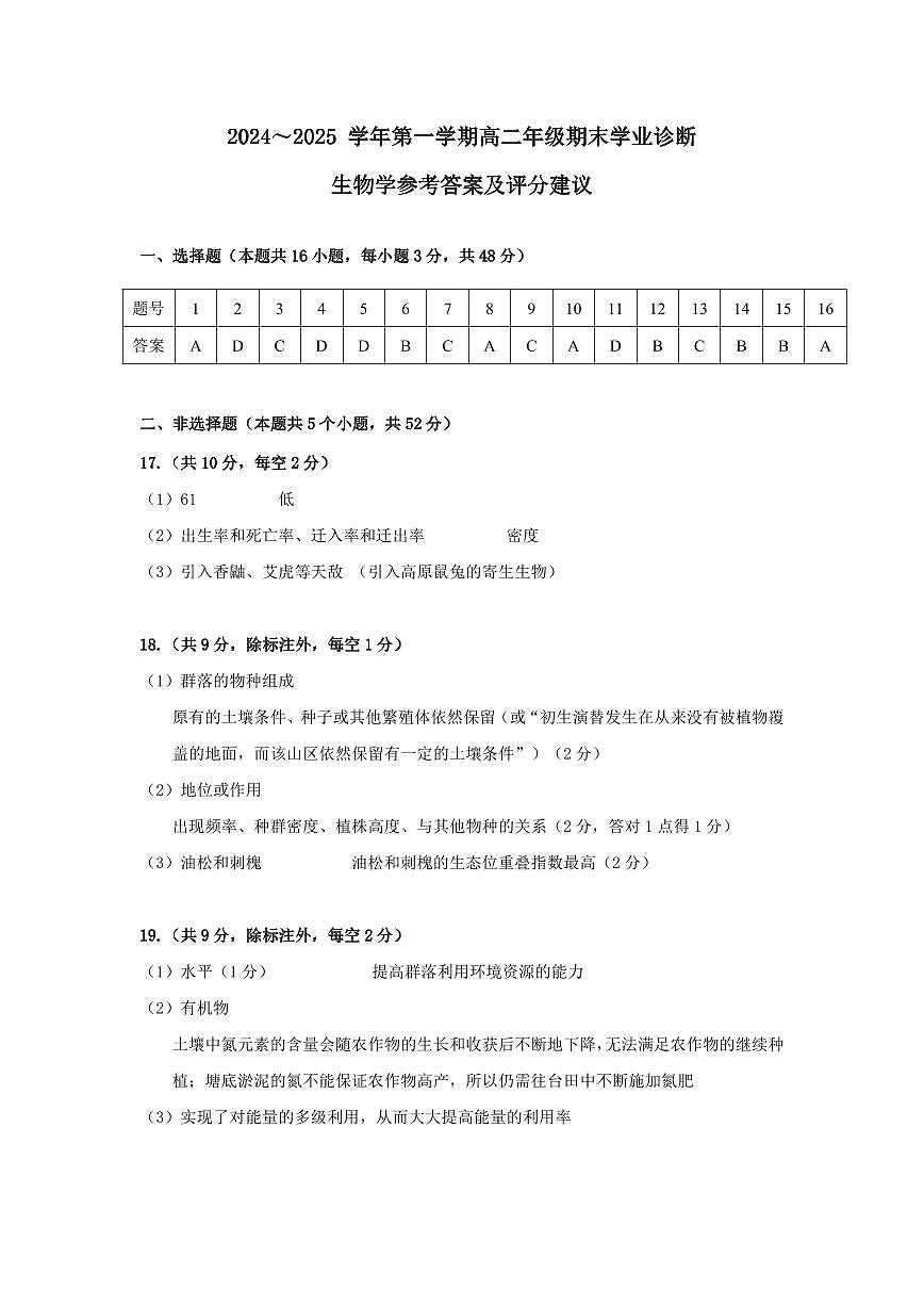 山西省太原市2024-2025学年高二上学期期末学业诊断生物答案（PDF版）第1页