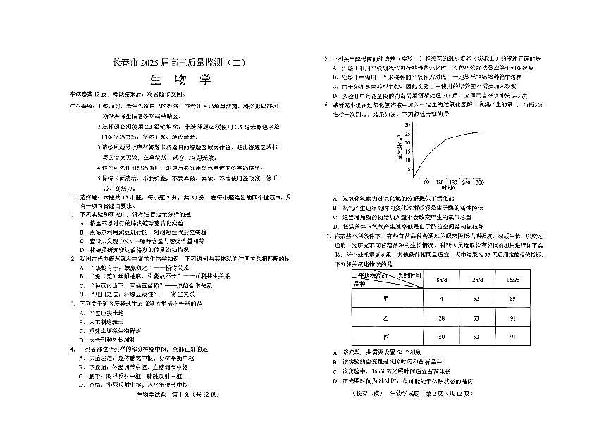 吉林省长春市2025年高三高考二模生物试卷含答案第1页