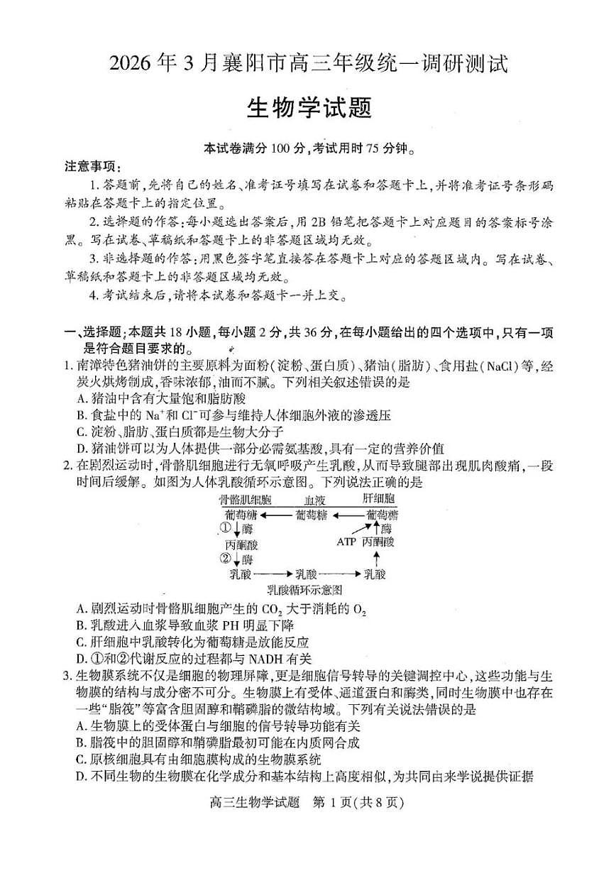 2026届湖北襄阳市下学期高三一模调研测试 生物试题+答案解析第1页