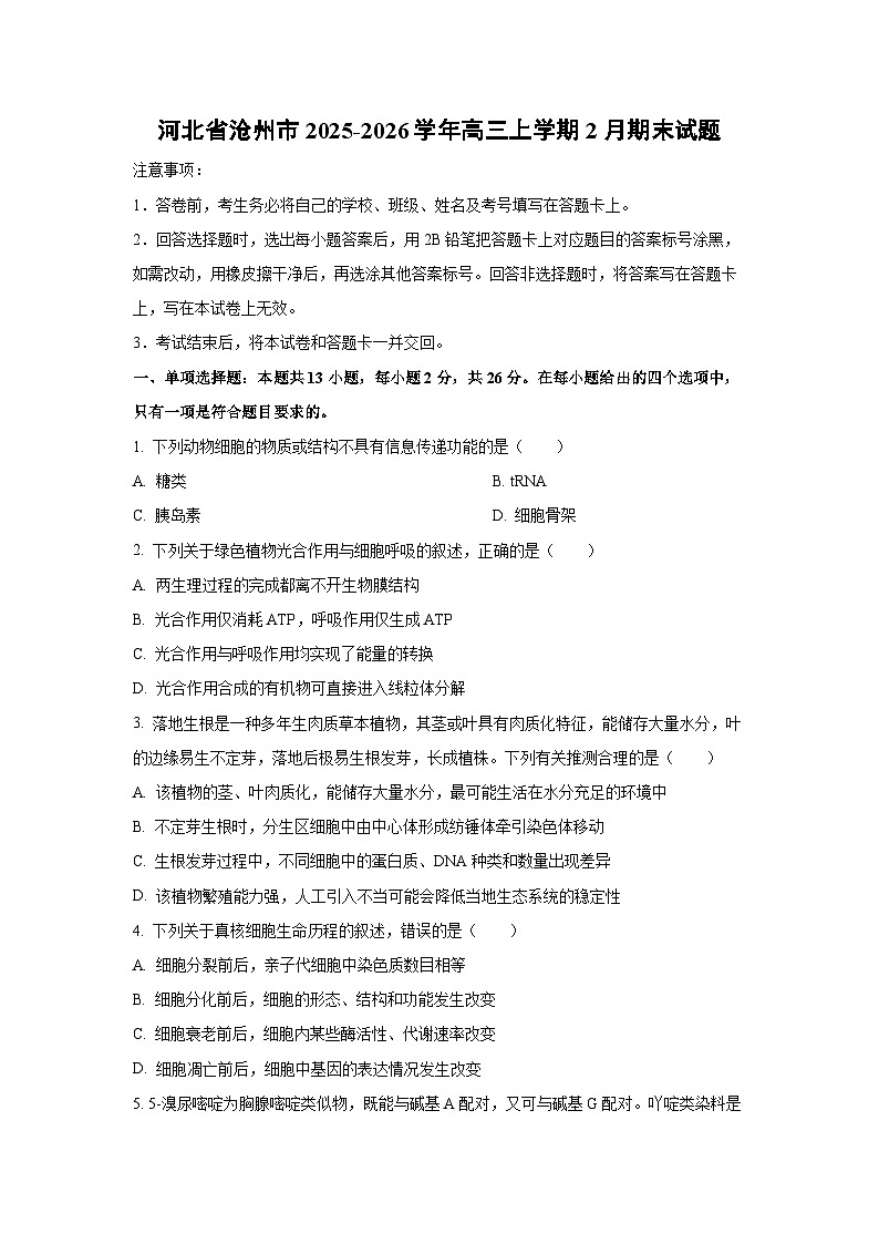 【生物】河北省沧州市2025-2026学年高三上学期2月期末试题（学生版）第1页