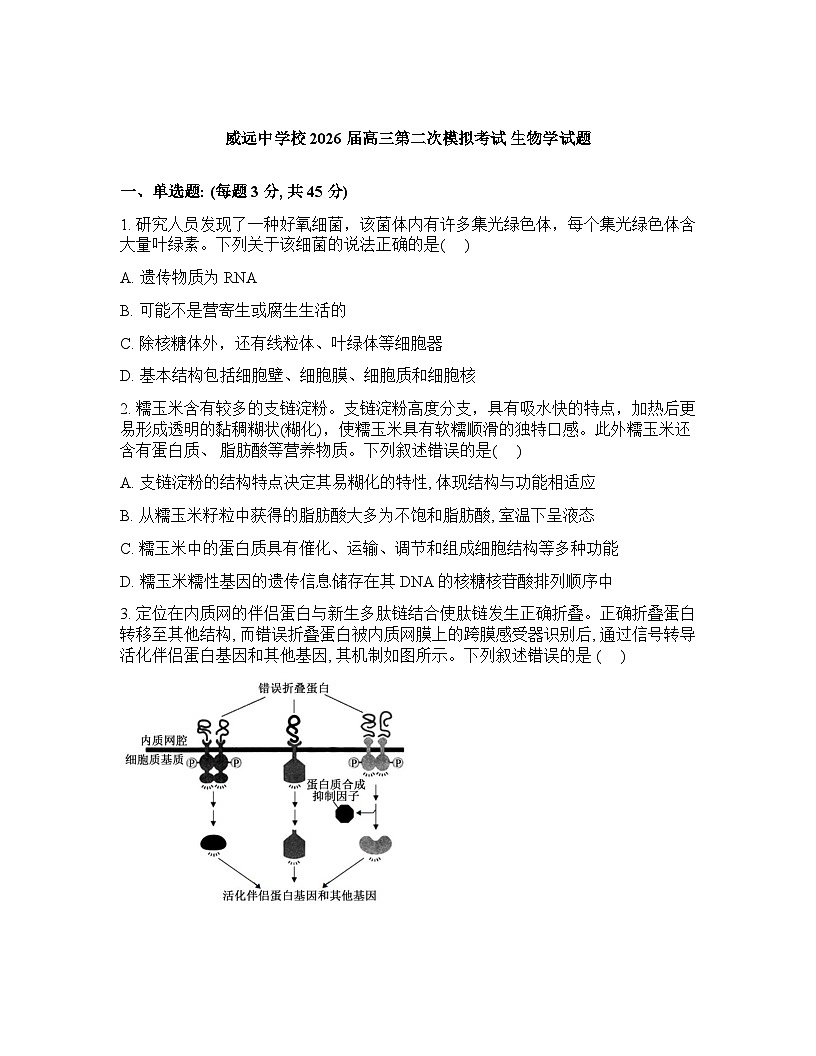 2026届四川省内江市威远中学校高三第二次模拟考试生物试题含答案第1页