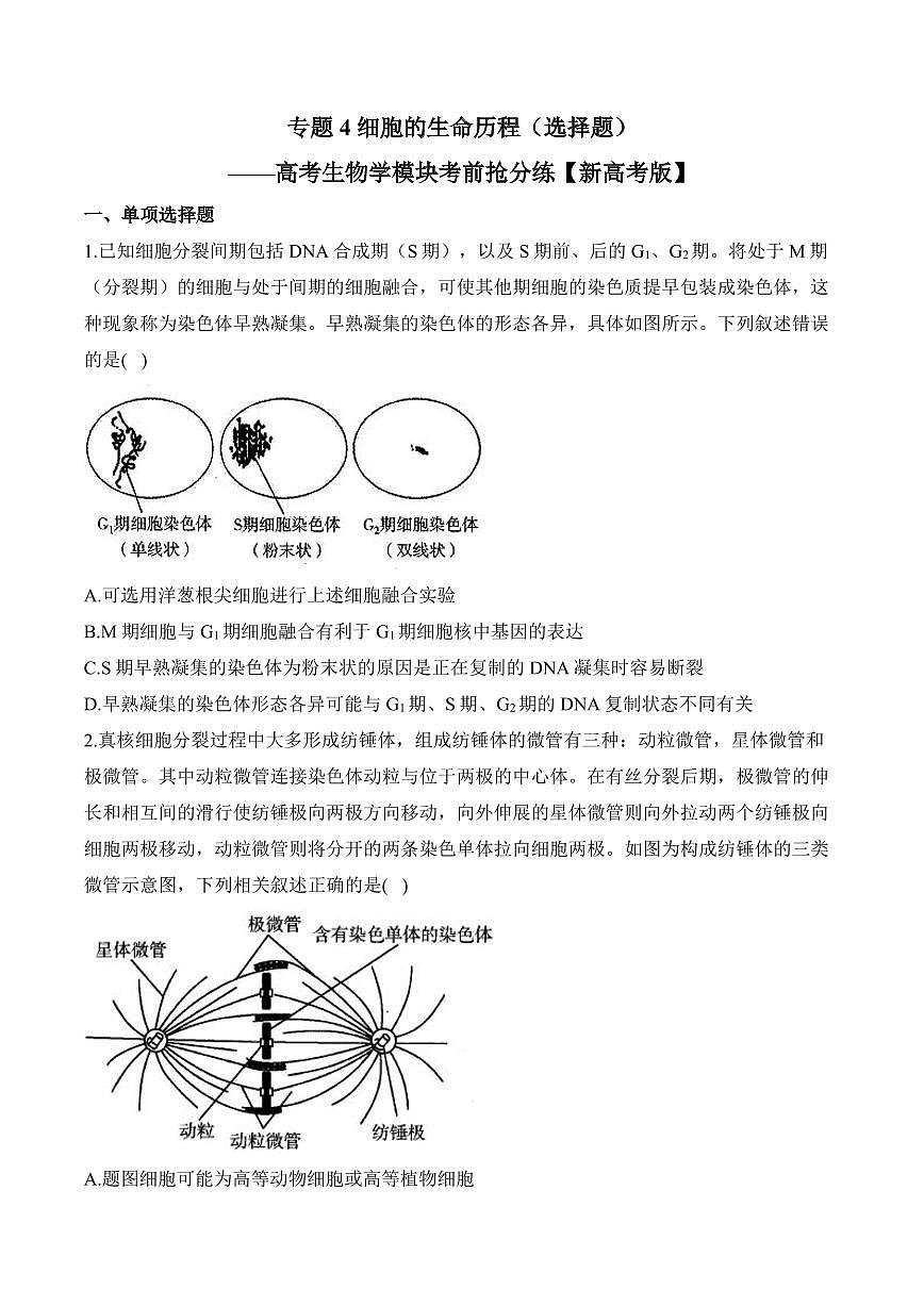 专题4 细胞的生命历程（选择题）——高考生物学第一轮复习模块分练【新高考版】（含解析）第1页