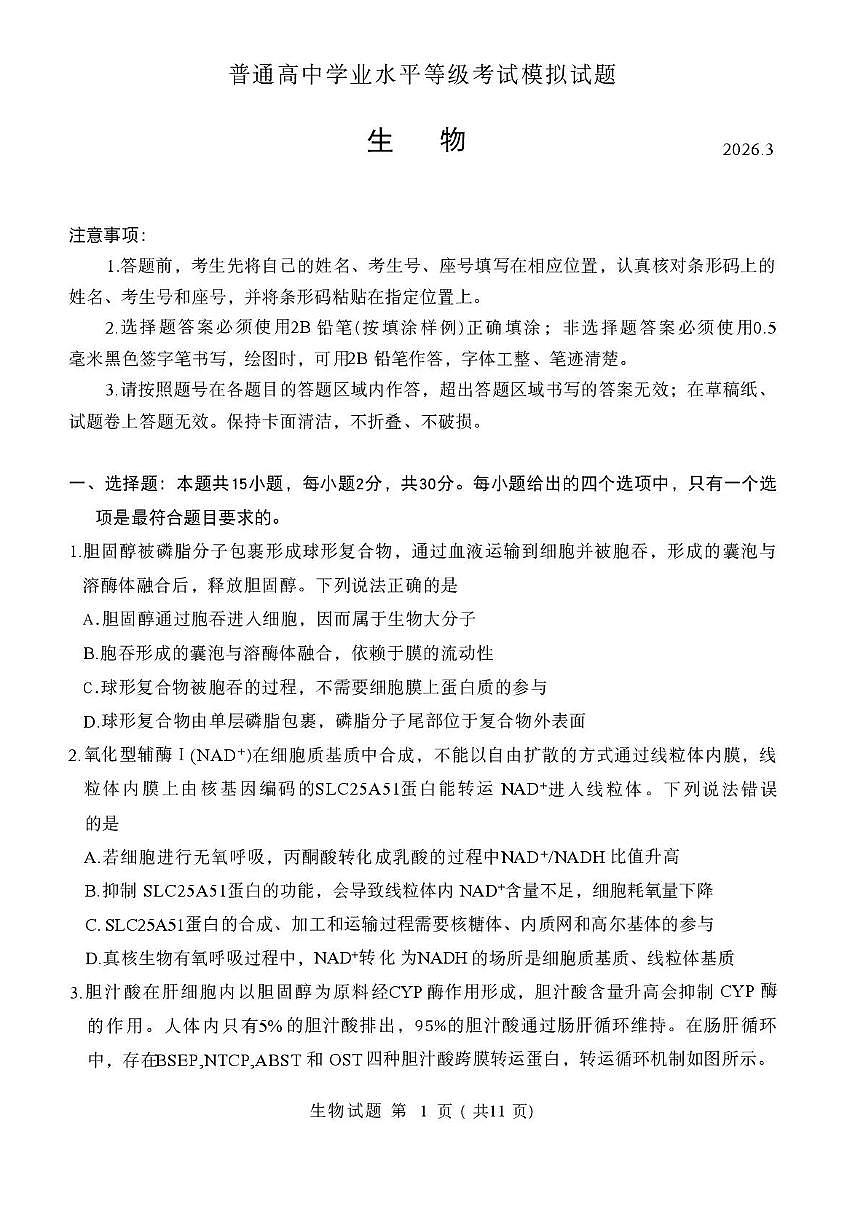 2026届山东省临沂市下学期高三一模考试 生物试题+答案第1页