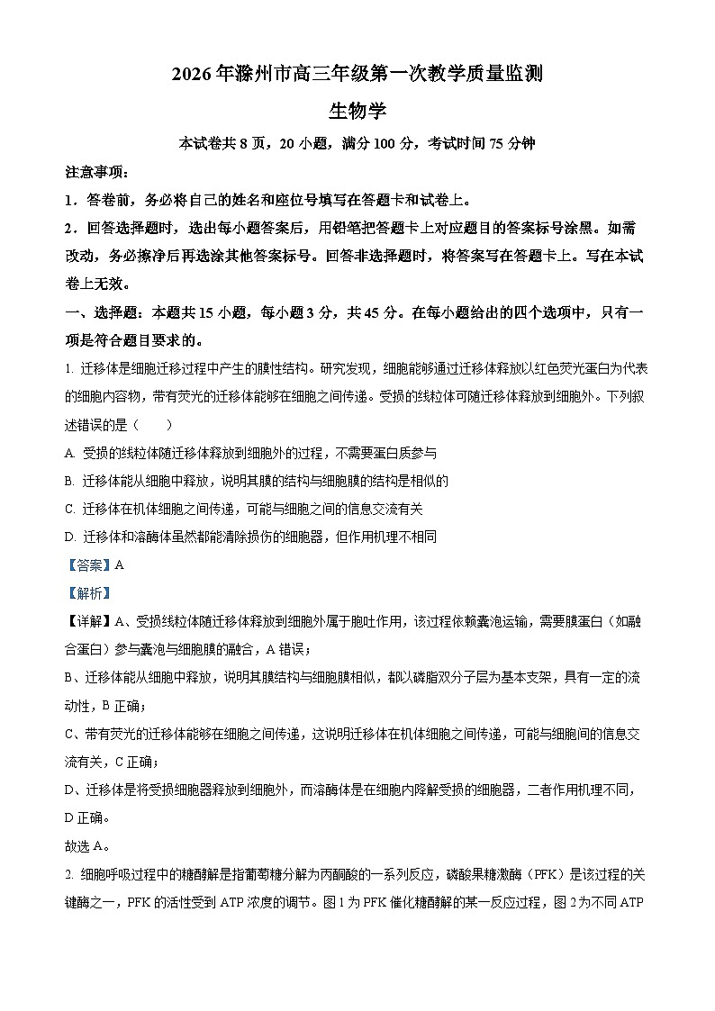 安徽滁州市2026届高三年级第一次教学质量监测生物试题（解析版）第1页