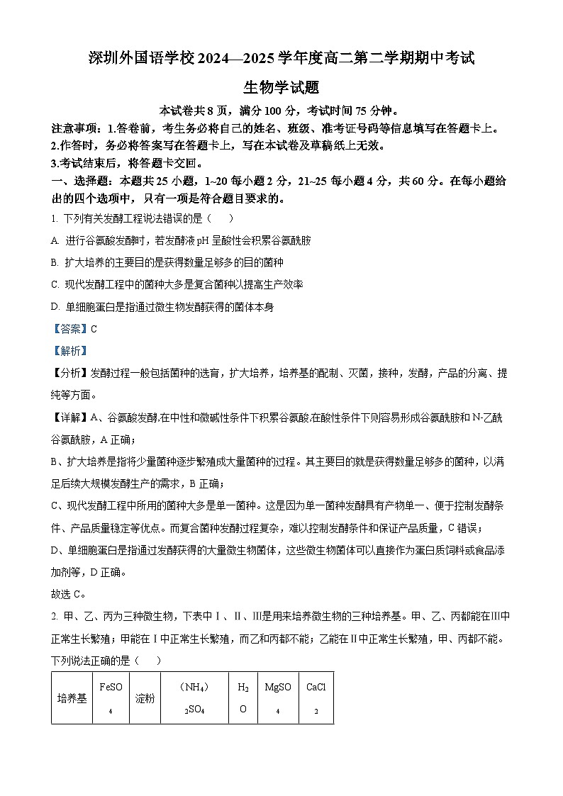 精品解析：广东省深圳外国语学校2024-2025学年高二下学期期中考试生物试题（解析版）第1页
