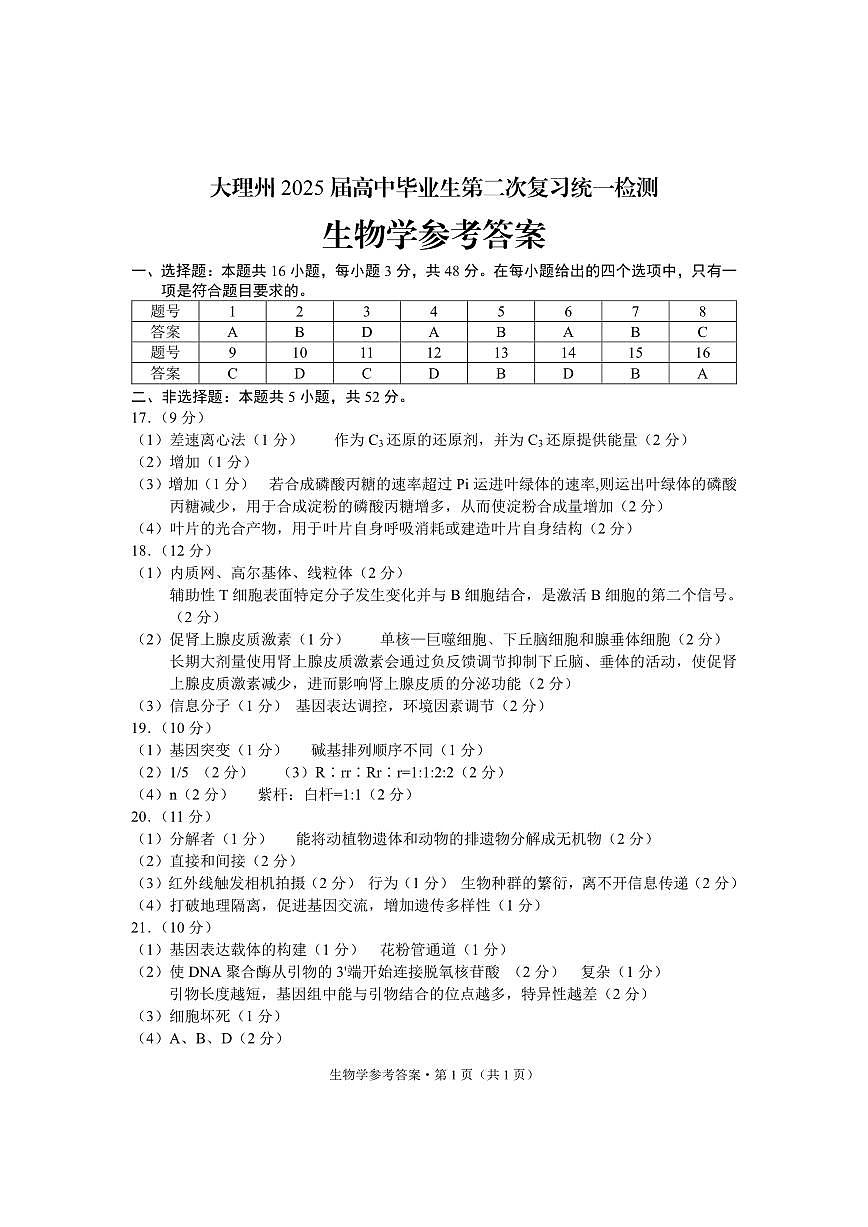 云南省大理州2025届高中毕业生第二次复习统一检测生物答案第1页